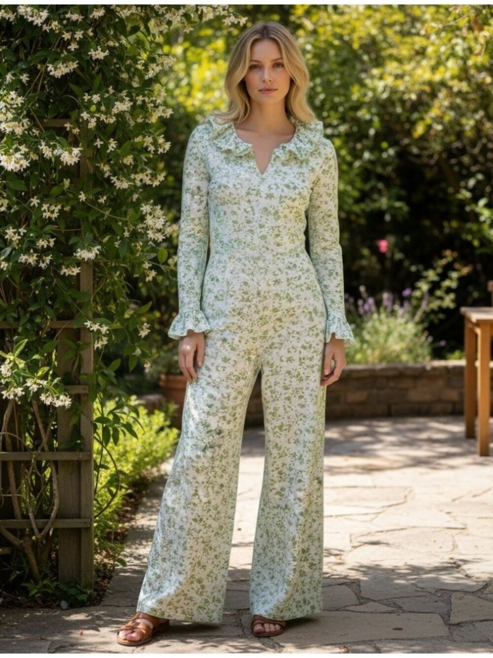 Vintage 70s Floral Wide Leg Jumpsuit Green Ruffle Collar Boho Palazzo Sz Small